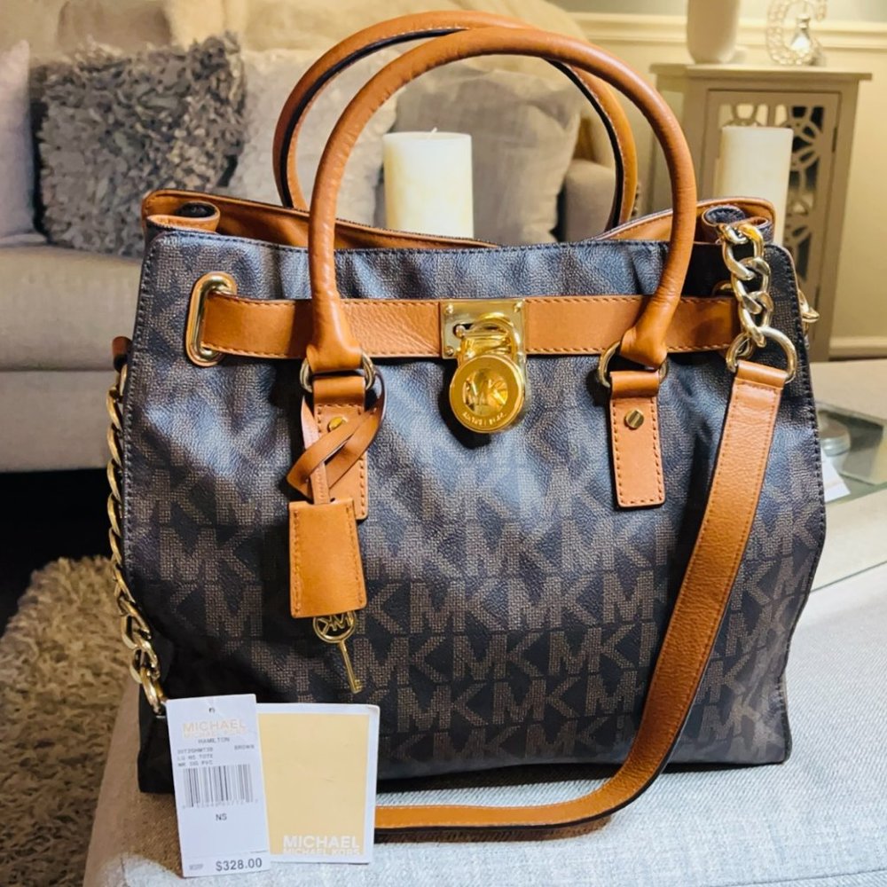 MICHAEL KORS Hamilton Large Lock Satchel Key Signature Tote -Brown
